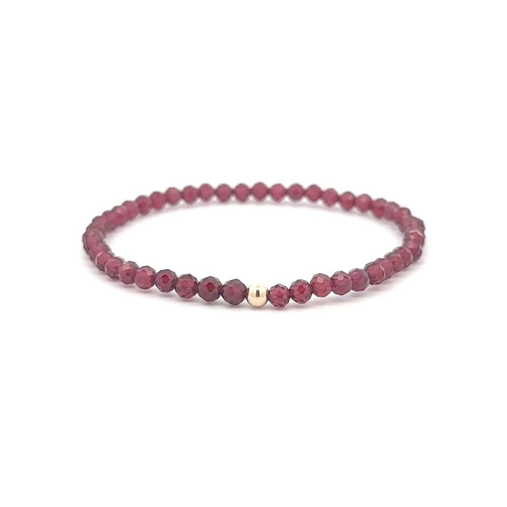 Garnet Micro Faceted Gemstone Beaded Stretch Bracelet 14K Gold Accent Bead